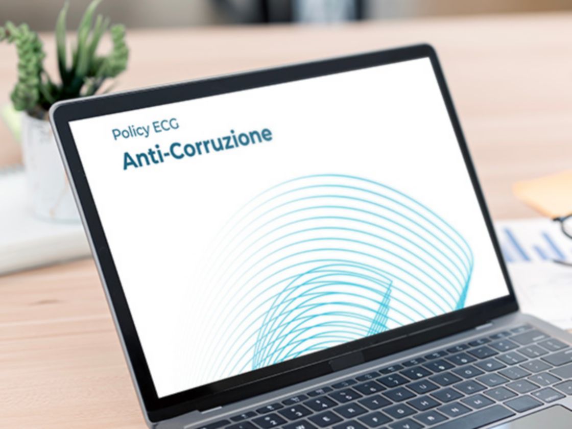 In front of a computer, you can see a woman's hand holding a pen, and on the screen you can read “ECG Policy, Anti-Corruption” in Italian.