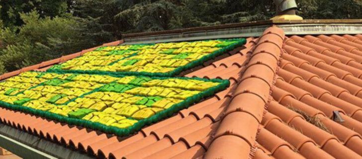 Familia en paisaje verde junto a casa con placas solares para autoconsumo 