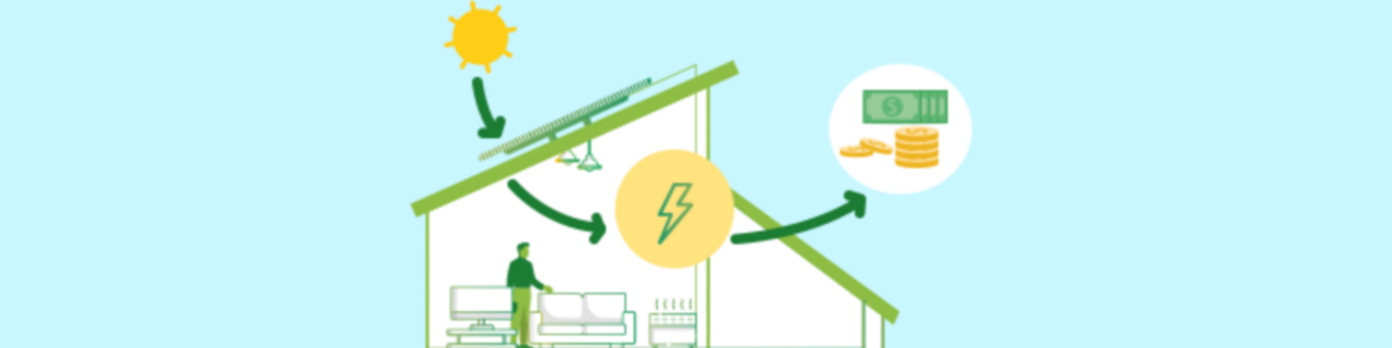 Dibujo de una casa con símbolos de energía solar, electricidad y dinero, indicando el ahorro gracias a la energía solar