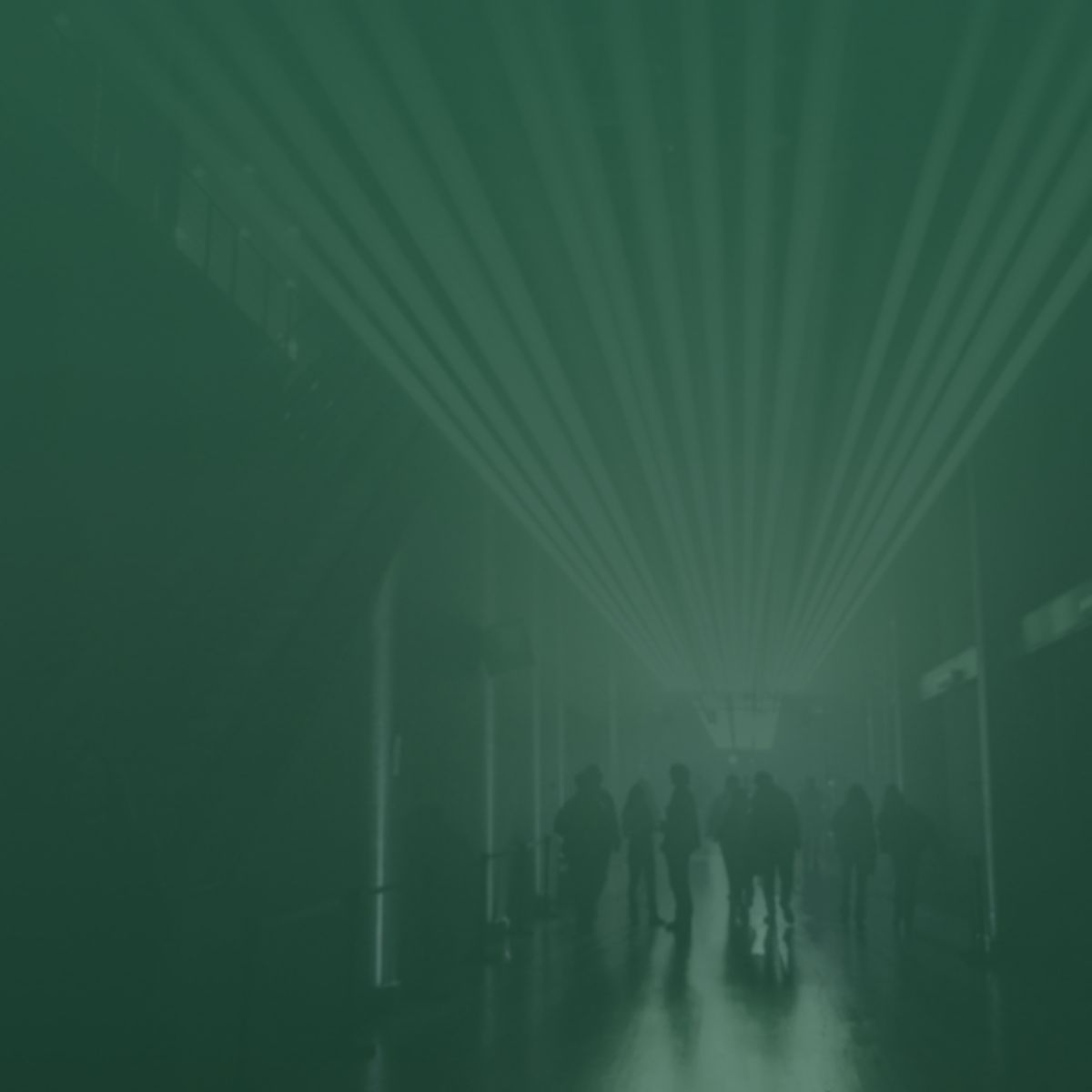 In an enclosed space with soft lighting there are groups of people standing against the light. The image has a green gradient.