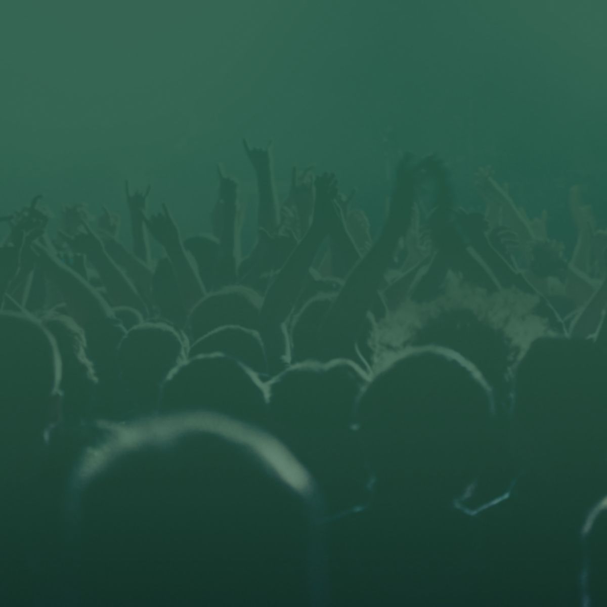 Heads and arms raised of a crowd of people dancing, the image has a green gradient.
