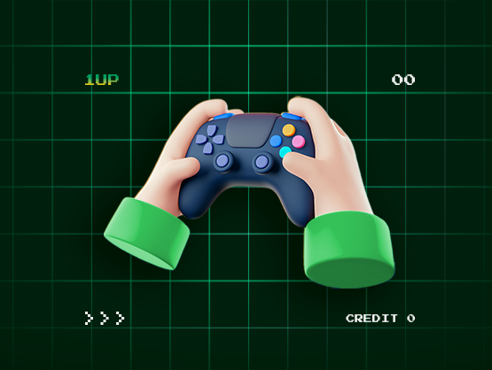 A graphic illustration shows two hands gripping a joystick, set against a black background with a green grid.