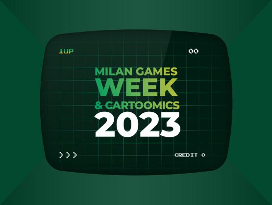 Black background with a phosphorescent green grid, in the foreground a cathode ray tube TV drawn as a comic with the words Milan Games Week and Cartoomics 2023 inside.