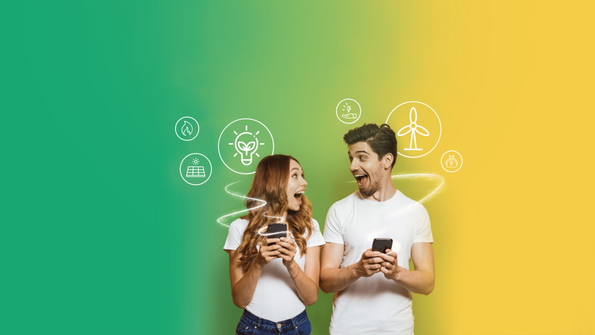 Dois amigos com telemóveis, rodeados por símbolos de eletricidade, gás, energias renováveis e poupança