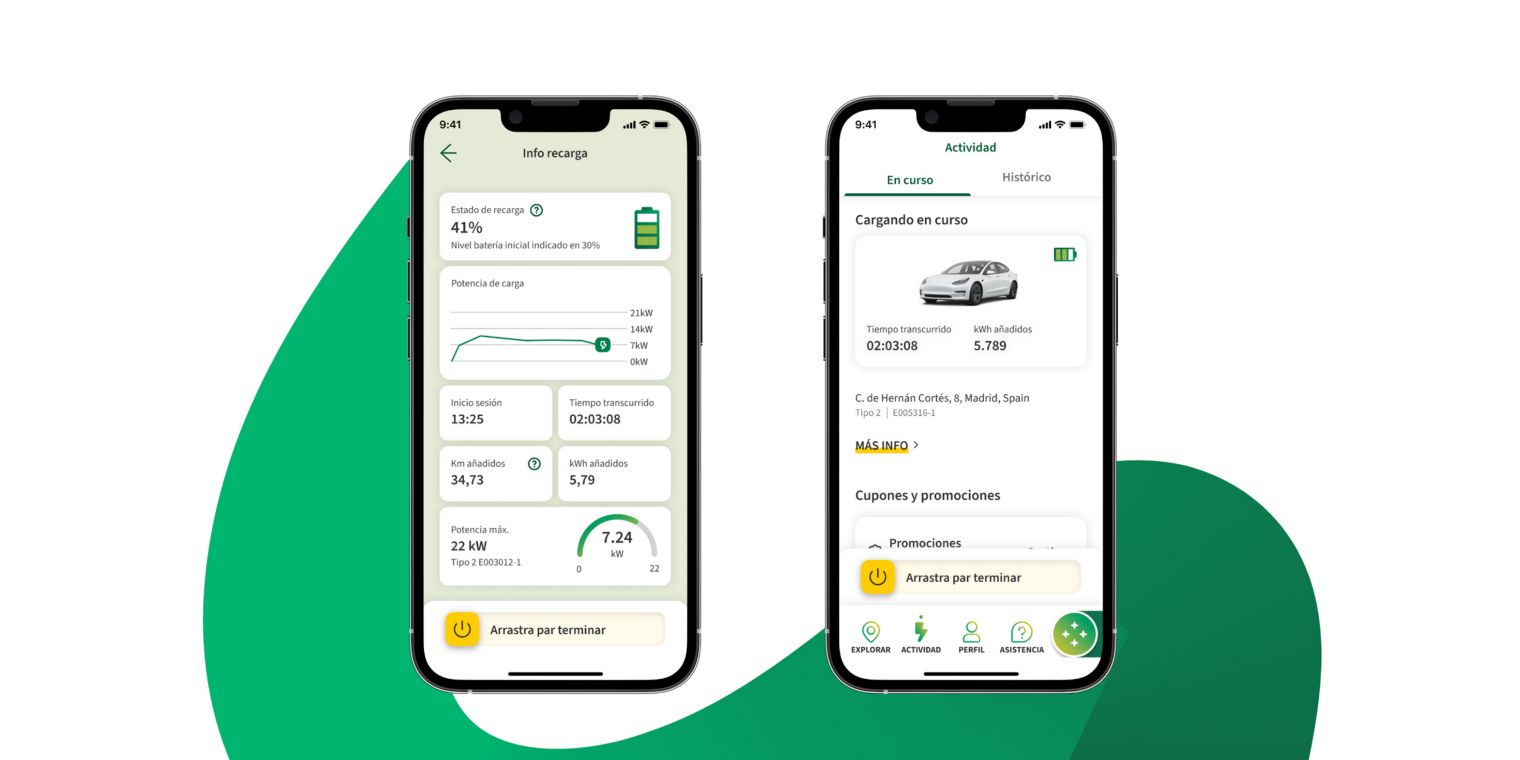 Funcionalidades app: seguimiento de la carga en tiempo real e historial de recargas.