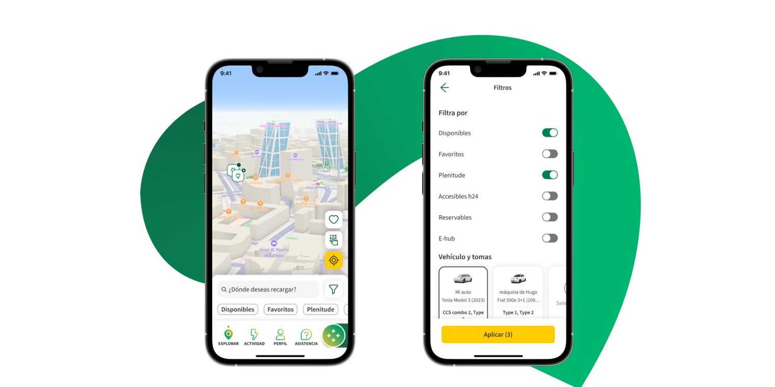 Funcionalidades de búsqueda y filtro de puntos de carga en app.