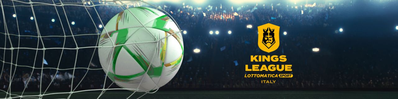 A soccer ball in the goal net and King's League Lottomatica Sport Italy logo 