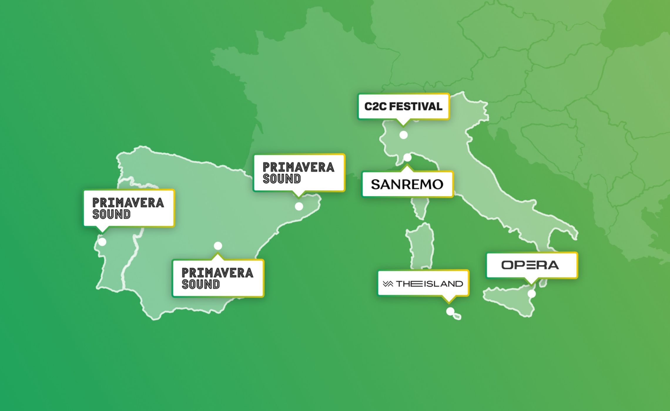 A map of the events in which Plenitude will participate as a sponsor, each venue has indicated which event it is hosting.