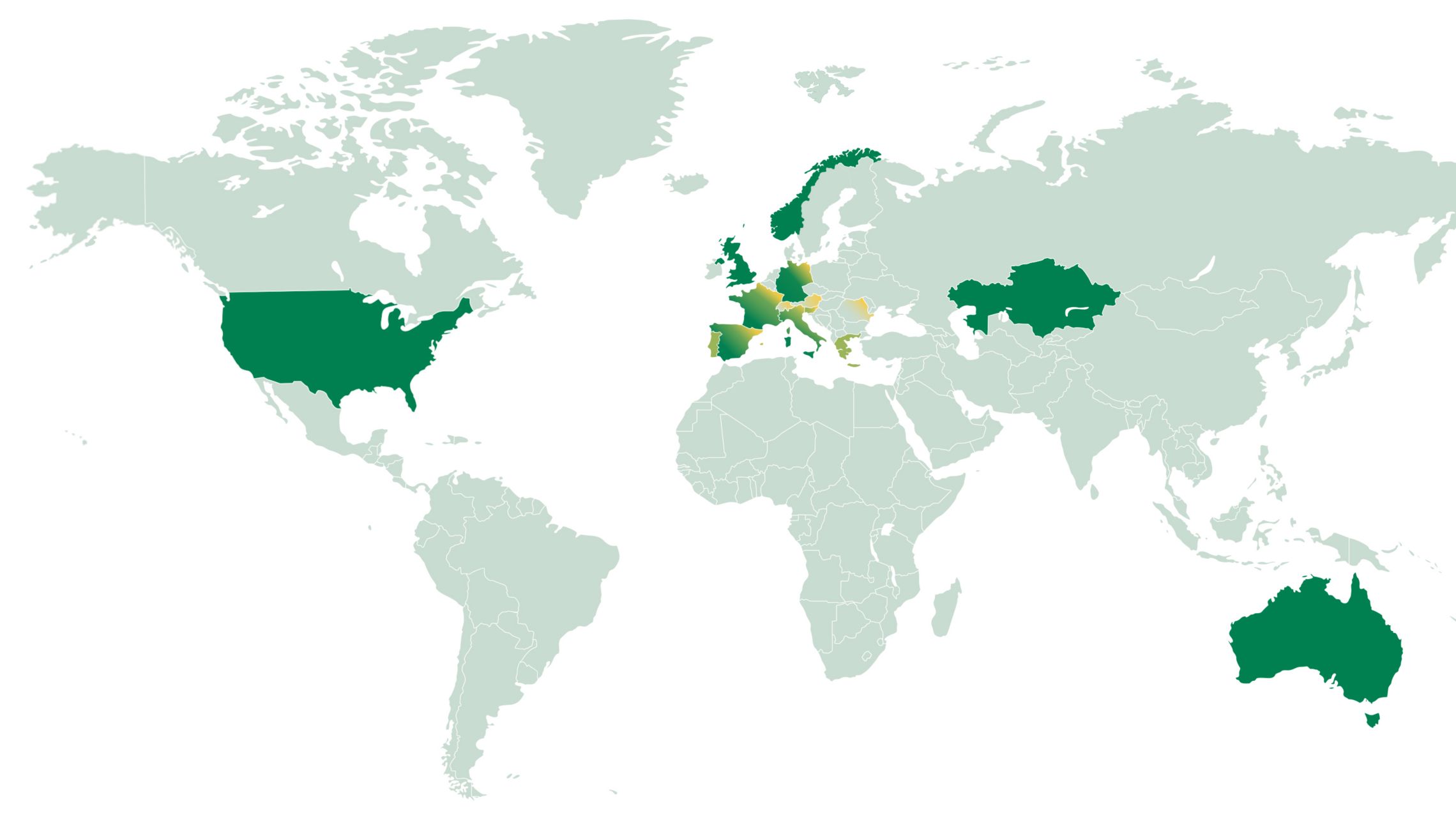 Carte du monde mettant en évidence les pays où Plenitude opère avec ses services, répartis par secteur : vert foncé pour les énergies renouvelables, vert clair pour la vente au détail d’énergie (retail) et jaune pour la mobilité électrique.
