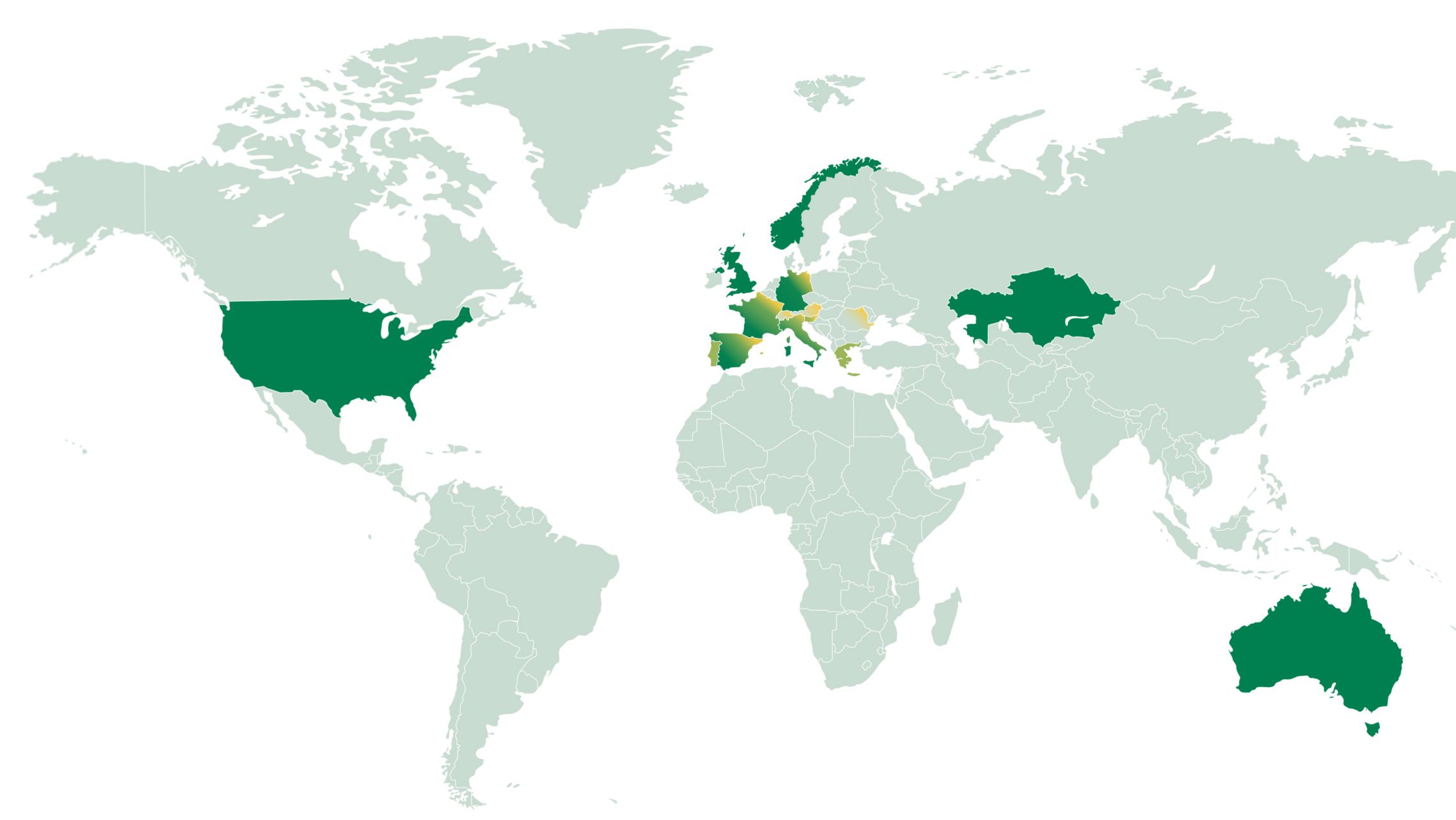 Mapa do mundo que destaca os países onde a Plenitude atua com os seus serviços, divididos por setor: verde escuro para as energias renováveis, verde claro para a venda a retalho de energia (retail) e amarelo para a e-mobility.