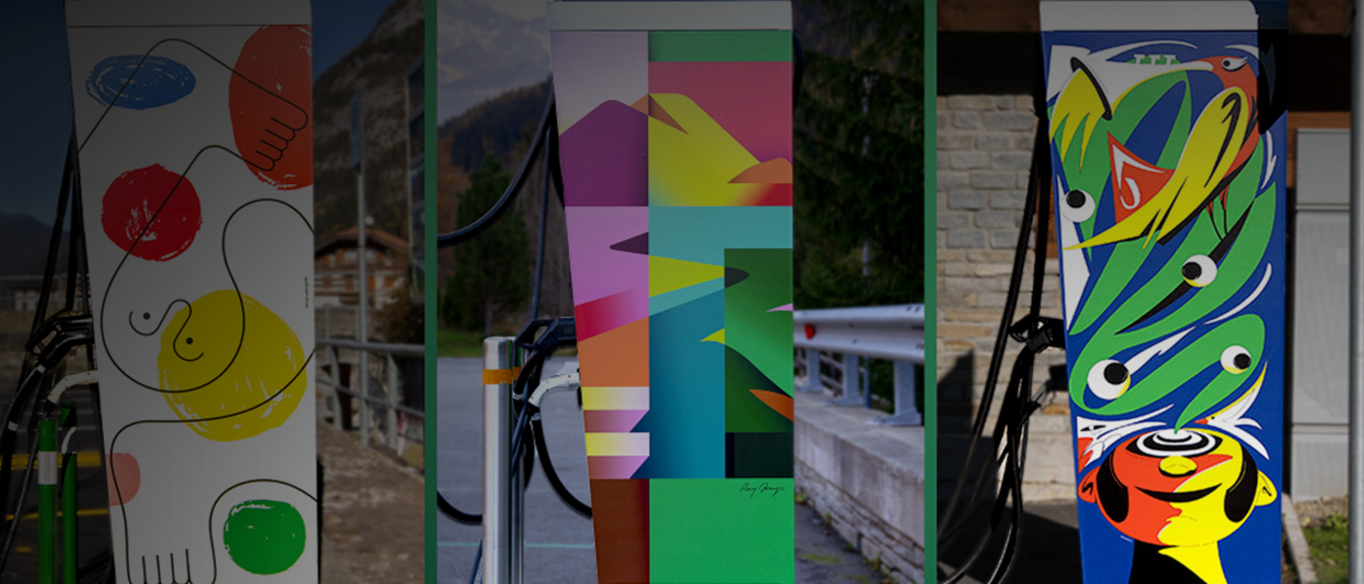 Three electric vehicle charging stations with three different designs by contemporary artists for Plenitude's “Art in motion” project.