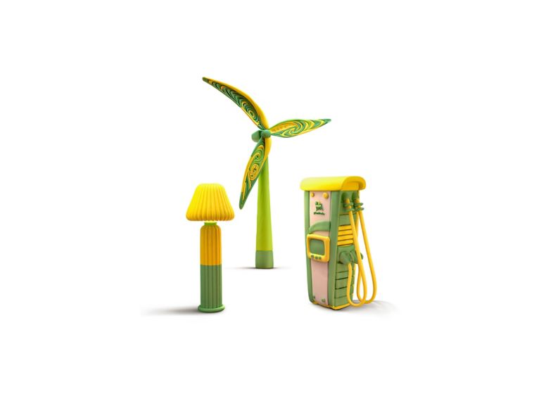 The stylised Plenitude symbols: a wind turbine, a lamp and a green and yellow charging station, created as if they were made of Play-Doh.