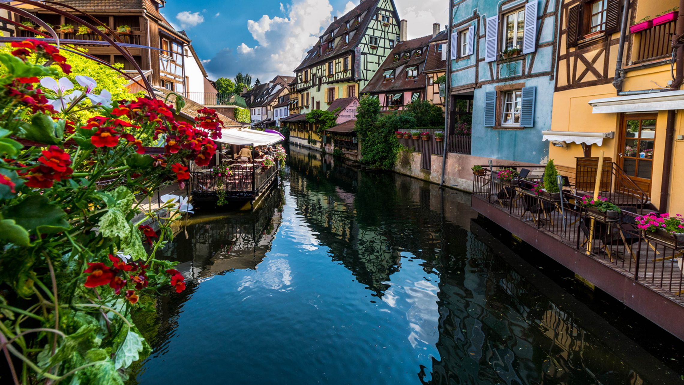 View of the town of Colmar with scenic romantic canals