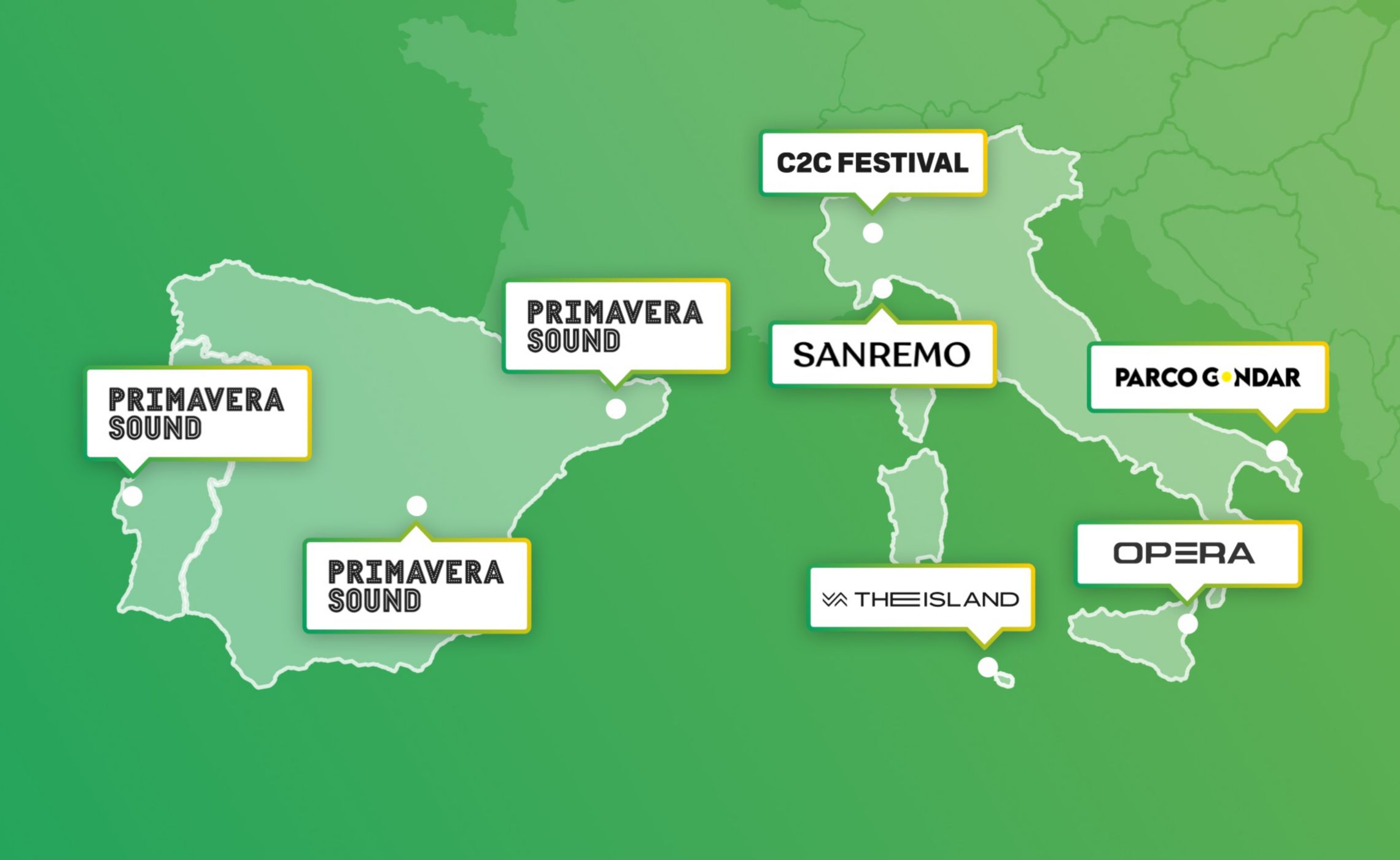 A map of the events in which Plenitude will participate as a sponsor, each venue has indicated which event it is hosting.