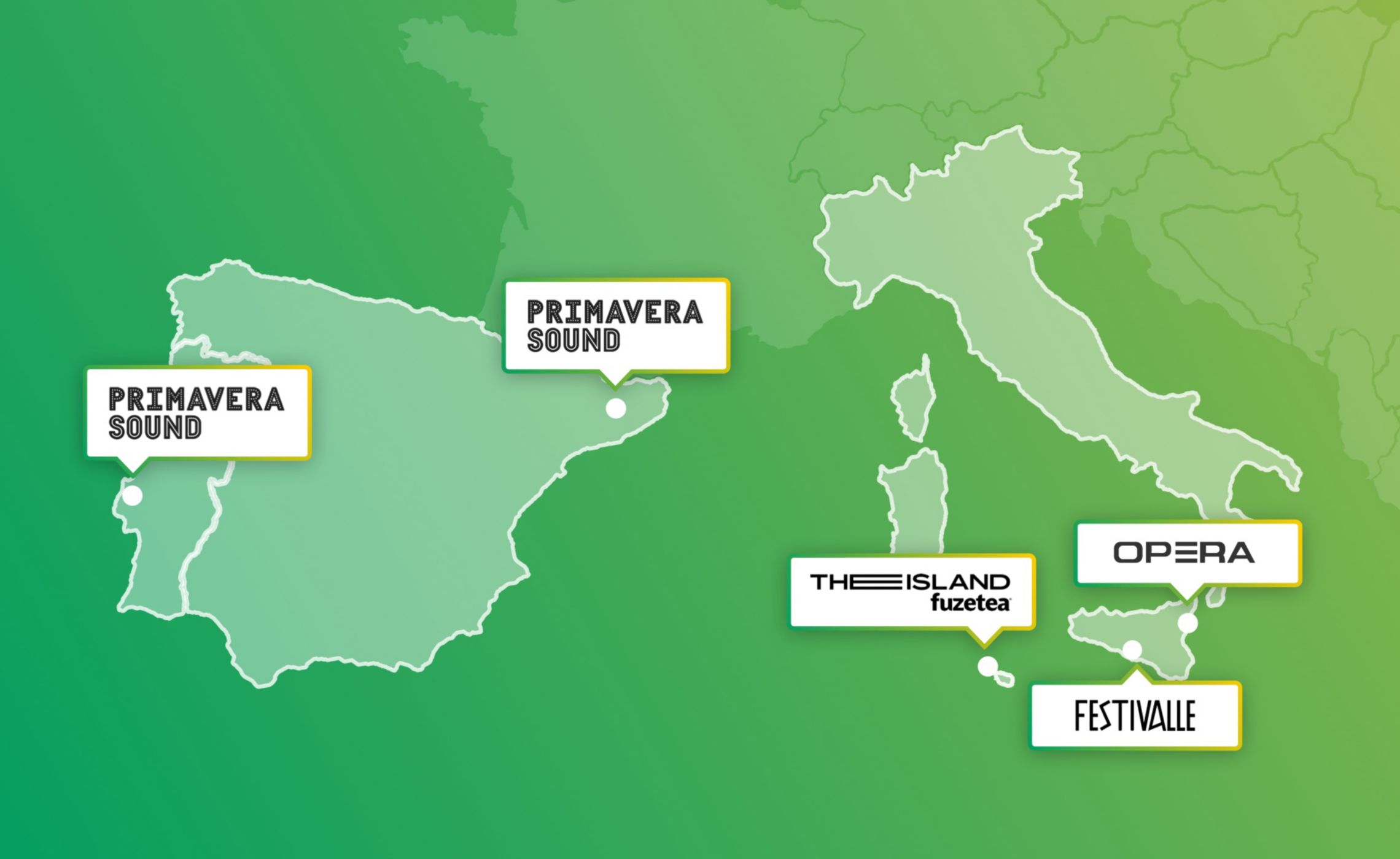 Mappa di Italia, Spagna e Portogallo che mostra i luoghi dei festival