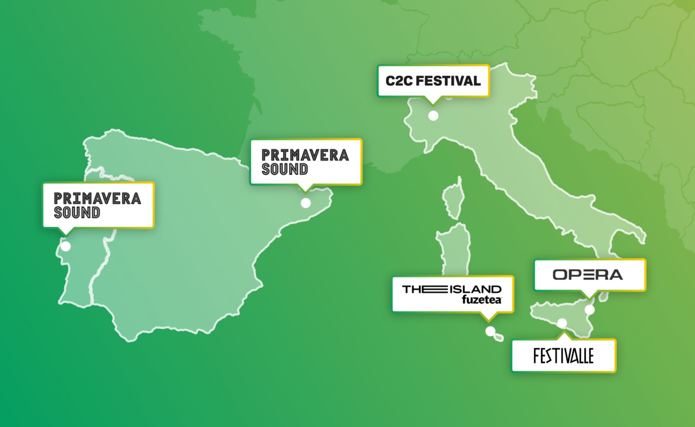 A map of the 2024 events in which Plenitude will participate as a sponsor, each venue has indicated which event it is hosting.