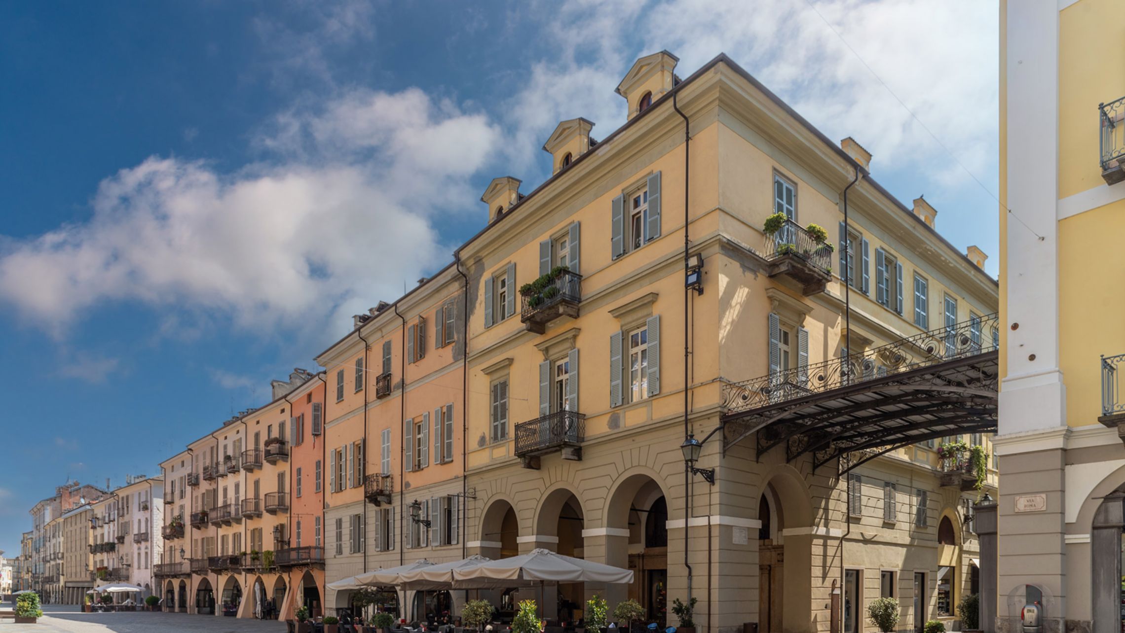 Cityscape on Roma Street main pedestrian cobblestone street in Cuneo
