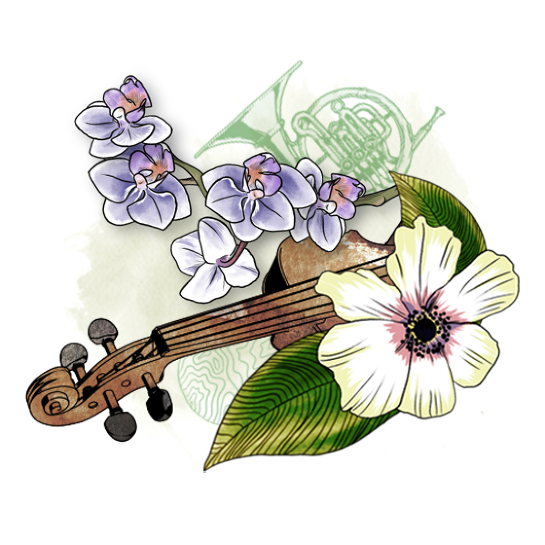 A drawn violin with flowers and musical instruments.